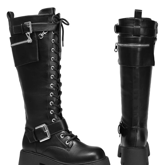 Women's Combat Riding Platform Knee High Boots, Lace Up Fall Lug Sole Gothic Mot - Picture 3 of 7